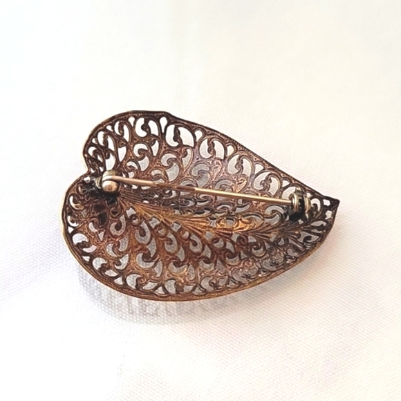 Vintage Filigree & Amber Stone Heart Brooch - Picture 3 of 4